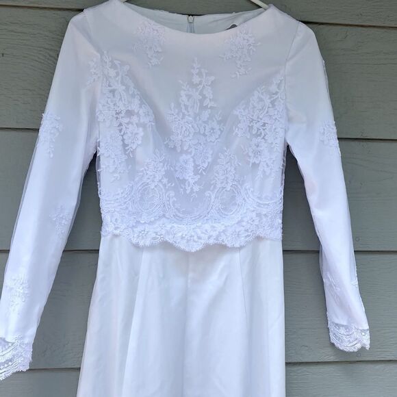 White lace Long Sleeve wedding elopement modest Courthouse LDS Temple dress S - Picture 10 of 14